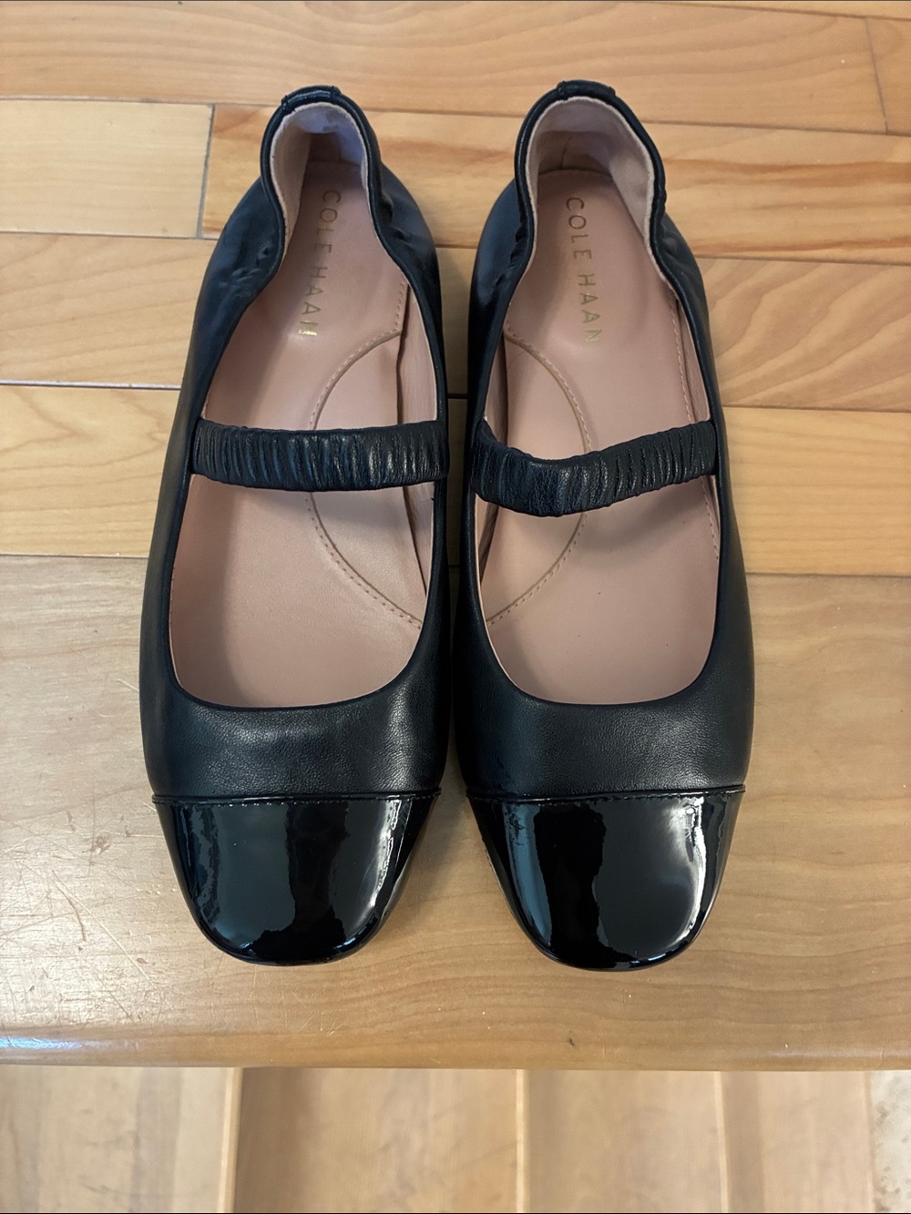 Cole Haan Black Leather Mary Jane Flats with Patent Toe